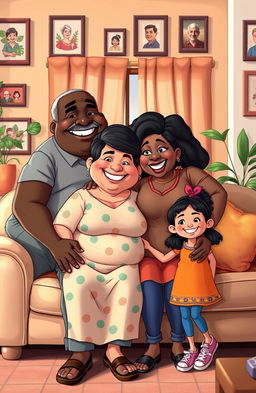 A family portrait capturing a joyful moment in their cozy living room, featuring an elderly black man with a warm smile, his very fat middle-aged wife with a cheerful demeanor, their adult daughter who radiates happiness, and their 10-year-old daughter with a playful expression