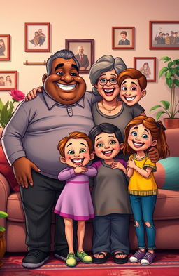 A family portrait capturing a joyful moment in their cozy living room, featuring an elderly black man with a warm smile, his very fat middle-aged wife with a cheerful demeanor, their adult daughter who radiates happiness, and their 10-year-old daughter with a playful expression