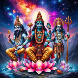 A grand representation of Trimurti, featuring the three principal deities of Hinduism: Brahma, Vishnu, and Shiva