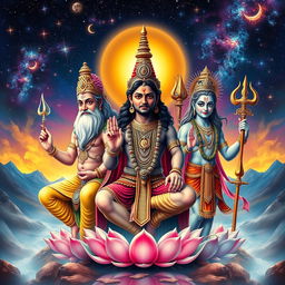 A grand representation of Trimurti, featuring the three principal deities of Hinduism: Brahma, Vishnu, and Shiva
