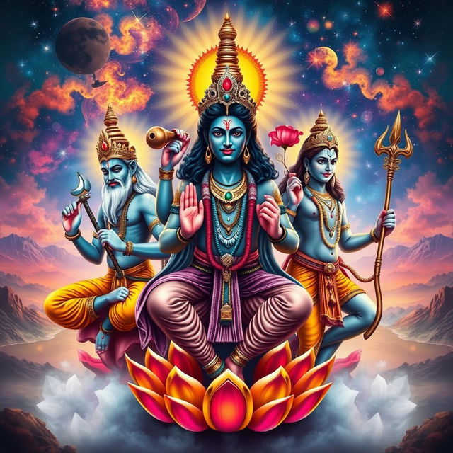 A grand representation of Trimurti, featuring the three principal deities of Hinduism: Brahma, Vishnu, and Shiva