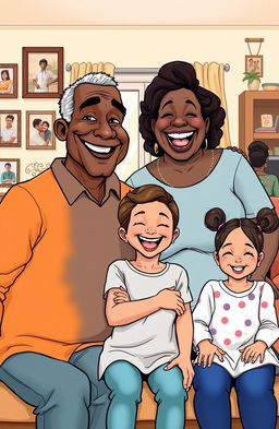 A cheerful family portrait featuring a slim elderly black man with a kind smile, a very overweight middle-aged black woman with an infectious laugh, their adult daughter with a joyful expression, and their 10-year-old daughter with playful pigtails