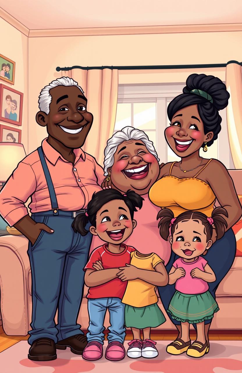 A cheerful family portrait featuring a slim elderly black man with a kind smile, a very overweight middle-aged black woman with an infectious laugh, their adult daughter with a joyful expression, and their 10-year-old daughter with playful pigtails