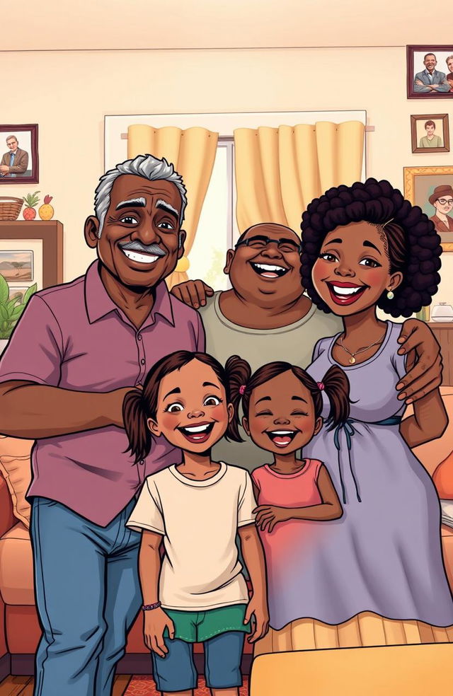 A cheerful family portrait featuring a slim elderly black man with a kind smile, a very overweight middle-aged black woman with an infectious laugh, their adult daughter with a joyful expression, and their 10-year-old daughter with playful pigtails