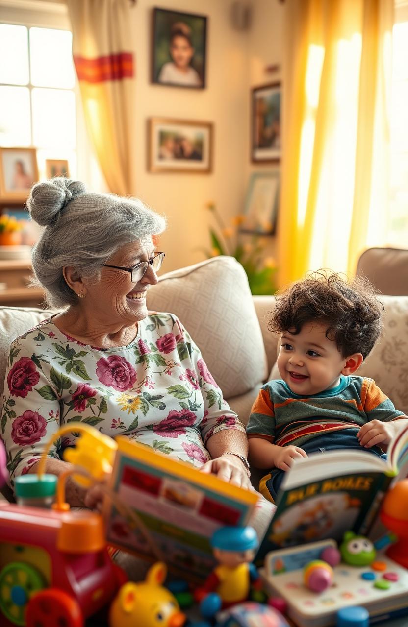 A warm and cozy scene featuring a grandmother and a young child sitting together in a sunny living room filled with bright, cheerful decorations