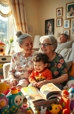 A warm and cozy scene featuring a grandmother and a young child sitting together in a sunny living room filled with bright, cheerful decorations