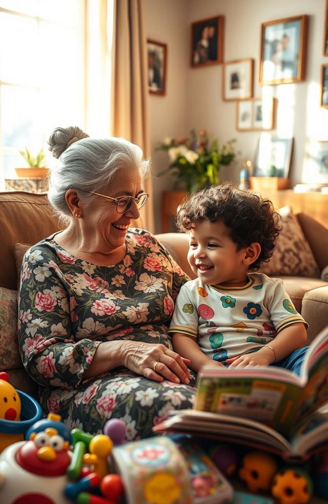 A warm and cozy scene featuring a grandmother and a young child sitting together in a sunny living room filled with bright, cheerful decorations