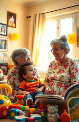 A warm and cozy scene featuring a grandmother and a young child sitting together in a sunny living room filled with bright, cheerful decorations