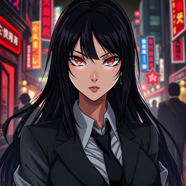 A stylized portrait of a fierce female character inspired by the anime genre, featuring long dark hair, captivating red eyes, and a confident expression