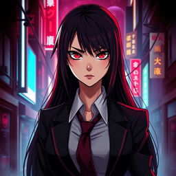 A stylized portrait of a fierce female character inspired by the anime genre, featuring long dark hair, captivating red eyes, and a confident expression