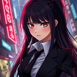 A stylized portrait of a fierce female character inspired by the anime genre, featuring long dark hair, captivating red eyes, and a confident expression
