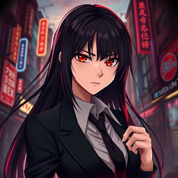 A stylized portrait of a fierce female character inspired by the anime genre, featuring long dark hair, captivating red eyes, and a confident expression