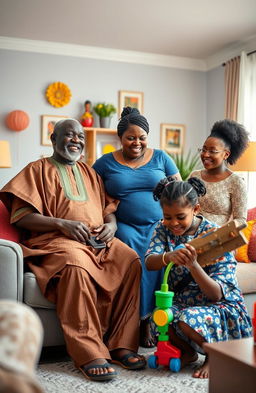 A lively and cheerful African family scene set in a modern living room