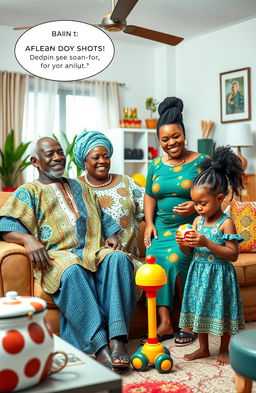 A lively and cheerful African family scene set in a modern living room