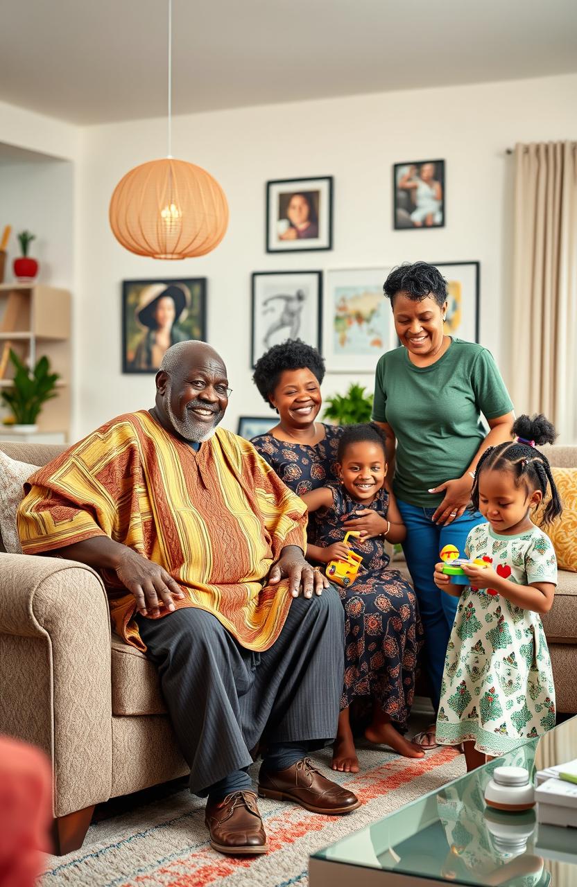 A lively and cheerful African family scene set in a modern living room