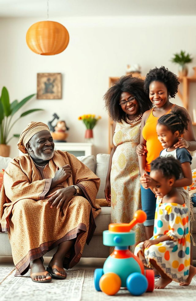 A lively and cheerful African family scene set in a modern living room