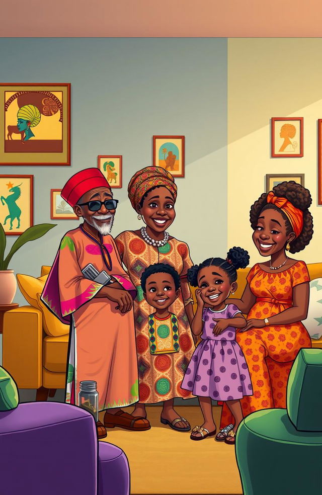 An African family scene set in a modern living room, featuring a slim elderly man dressed in colorful African attire and a striking red traditional cap, next to his fat middle-aged wife who is wearing a bright, patterned dress