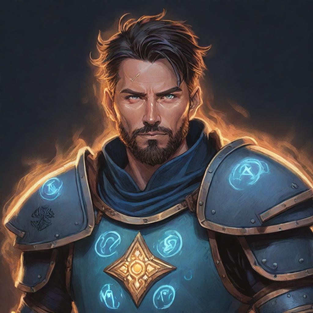 A comic-style portrait illustration of an RPG Arcane Warrior whose armor is inscribed with runes that glow with magical energy.