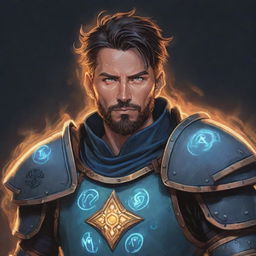 A comic-style portrait illustration of an RPG Arcane Warrior whose armor is inscribed with runes that glow with magical energy.