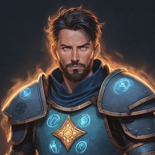 A comic-style portrait illustration of an RPG Arcane Warrior whose armor is inscribed with runes that glow with magical energy.