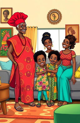 An African family scene set in a modern living room, featuring a slim elderly man dressed in colorful African attire and a striking red traditional cap, next to his fat middle-aged wife who is wearing a bright, patterned dress