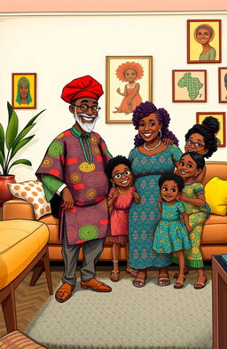 An African family scene set in a modern living room, featuring a slim elderly man dressed in colorful African attire and a striking red traditional cap, next to his fat middle-aged wife who is wearing a bright, patterned dress