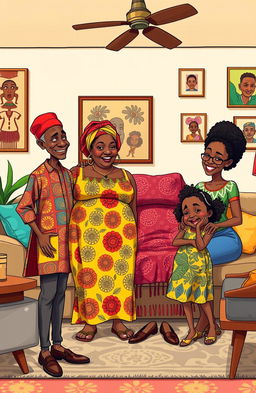 An African family scene set in a modern living room, featuring a slim elderly man dressed in colorful African attire and a striking red traditional cap, next to his fat middle-aged wife who is wearing a bright, patterned dress