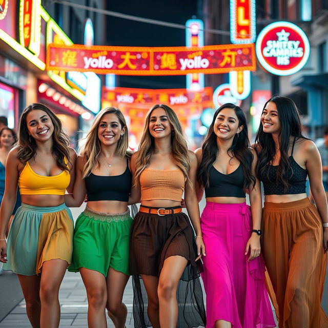 A group of five women, smiling and enjoying a fun night out in the city