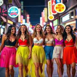 A group of five women, smiling and enjoying a fun night out in the city
