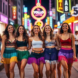 A group of five women, smiling and enjoying a fun night out in the city