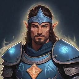 A comic-style portrait illustration of an RPG Arcane Warrior whose armor is inscribed with runes that glow with magical energy.