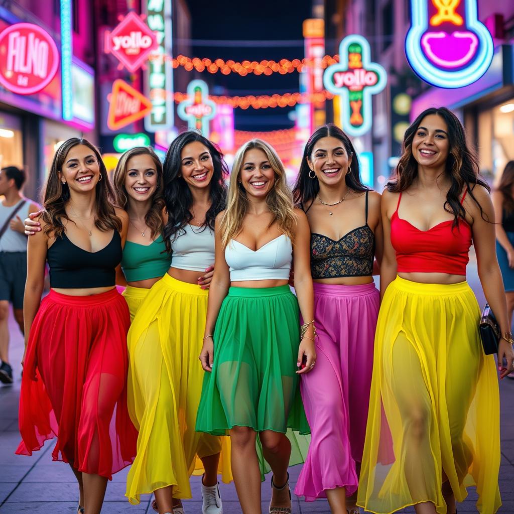 A group of five women, smiling and enjoying a fun night out in the city