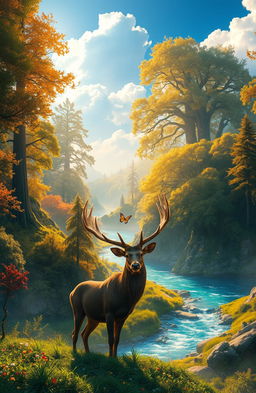 A stunning fantasy landscape showcasing a mystical forest with towering, ancient trees bathed in golden sunlight