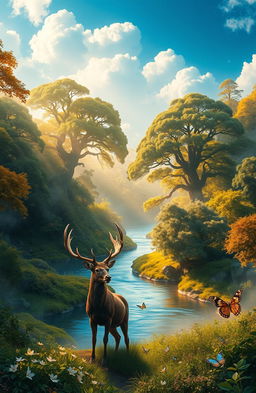 A stunning fantasy landscape showcasing a mystical forest with towering, ancient trees bathed in golden sunlight