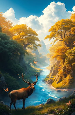 A stunning fantasy landscape showcasing a mystical forest with towering, ancient trees bathed in golden sunlight