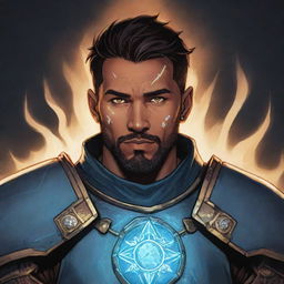 A comic-style portrait illustration of an RPG Arcane Warrior whose armor is inscribed with runes that glow with magical energy.