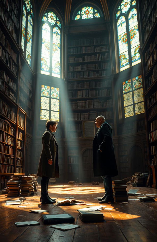 A dramatic scene unfolding in a grand, old library filled with towering shelves of books