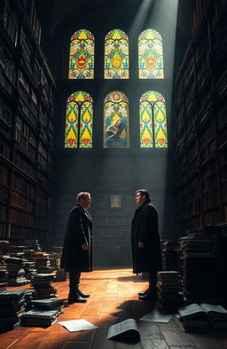 A dramatic scene unfolding in a grand, old library filled with towering shelves of books