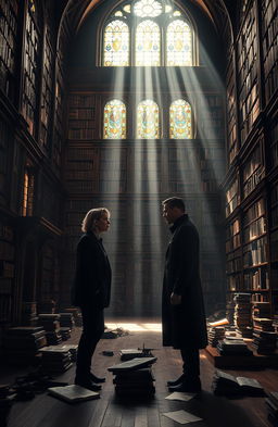 A dramatic scene unfolding in a grand, old library filled with towering shelves of books