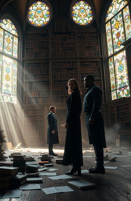 A dramatic scene unfolding in a grand, old library filled with towering shelves of books