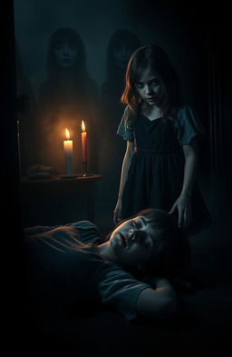 A chilling horror scene featuring two girls in an eerie, dimly lit room