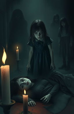 A chilling horror scene featuring two girls in an eerie, dimly lit room