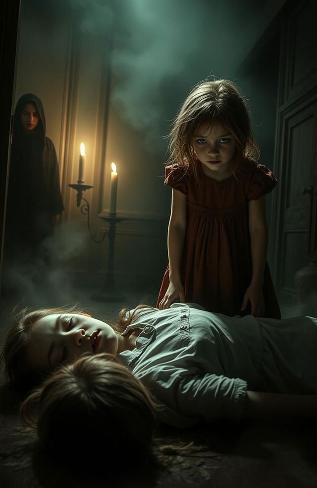 A chilling horror scene featuring two girls in an eerie, dimly lit room