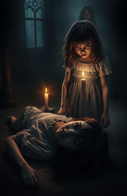 A chilling horror scene featuring two girls in an eerie, dimly lit room