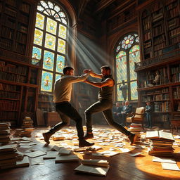 An intense fight scene taking place in a grand, antique library, with towering bookshelves filled with countless books