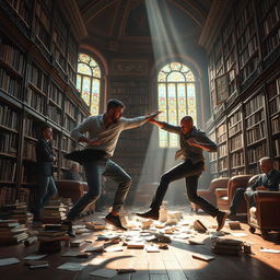 An intense fight scene taking place in a grand, antique library, with towering bookshelves filled with countless books