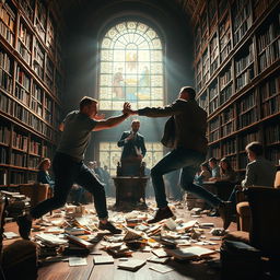 An intense fight scene taking place in a grand, antique library, with towering bookshelves filled with countless books