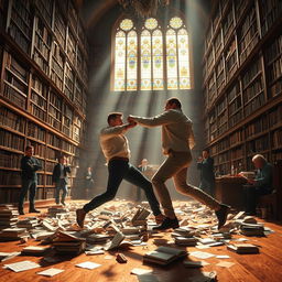 An intense fight scene taking place in a grand, antique library, with towering bookshelves filled with countless books