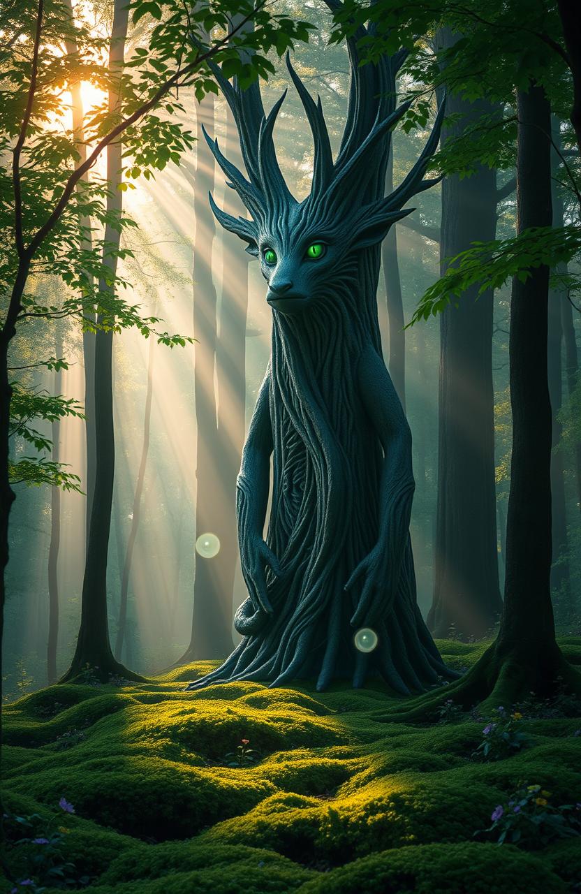 A serene forest scene at dawn, highlighting a majestic and wise-looking guardian spirit, resembling a mix of an ancient tree and a mythical creature