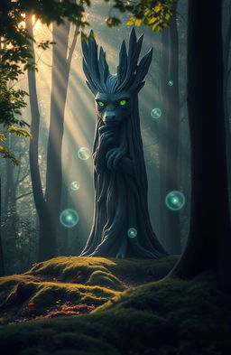 A serene forest scene at dawn, highlighting a majestic and wise-looking guardian spirit, resembling a mix of an ancient tree and a mythical creature